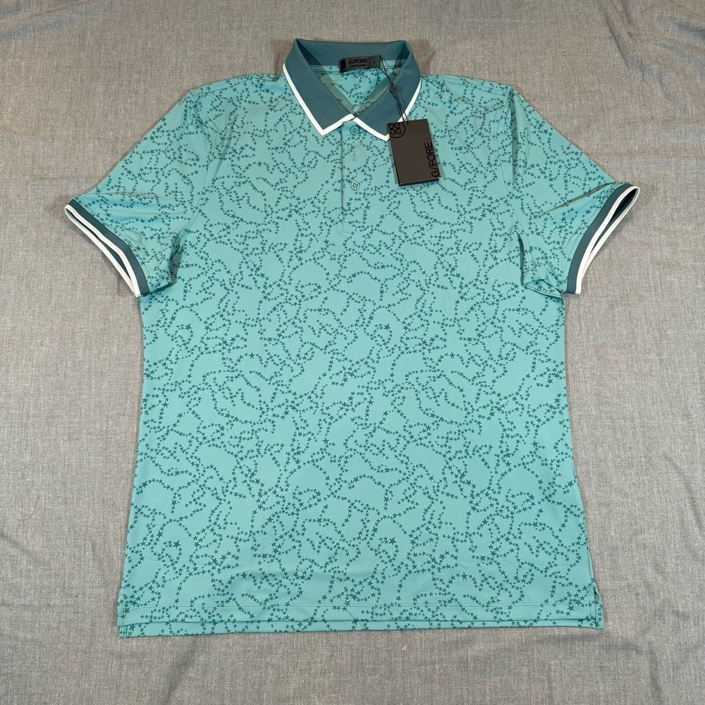 G/Fore Shirt Men's Large Polo Golf Star Dust Print‎ Tech Jersey Teal Preppy